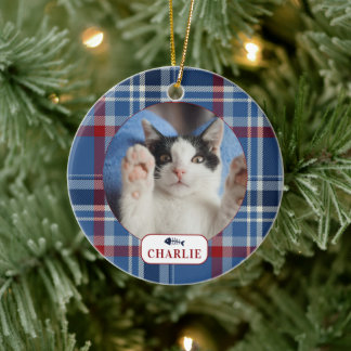 Persoonlijke kat blauwe ruit huisdier foto keramisch ornament