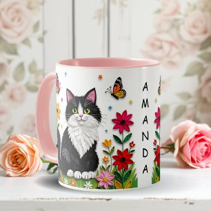 Persoonlijke Kat, Bloemen en Vlinders   Mok
