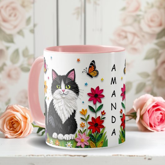 Persoonlijke Kat, Bloemen en Vlinders Mok