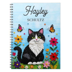 Persoonlijke kat, bloemen en vlinders   notitieboek