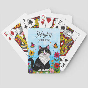 Persoonlijke kat, bloemen en vlinders pokerkaarten