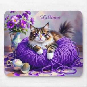Persoonlijke kat in paarse garen en bloemen muismat