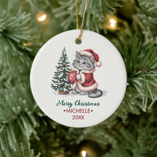 Persoonlijke kat met kerstmuts kerstboom keramisch ornament (Boom)