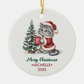 Persoonlijke kat met kerstmuts kerstboom keramisch ornament (Voorkant)