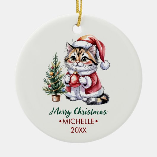 Persoonlijke kat met kerstmuts kerstboom keramisch ornament (Voorkant)