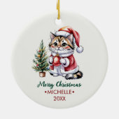 Persoonlijke kat met kerstmuts kerstboom keramisch ornament (Achterkant)