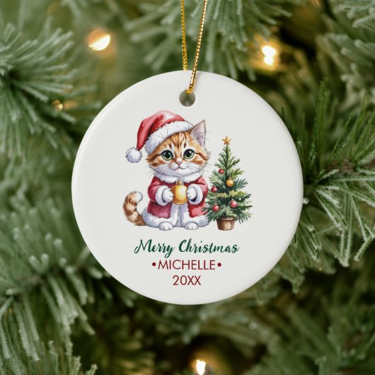 Persoonlijke kat met kerstmuts Kerstboom     Keramisch Ornament (Boom)