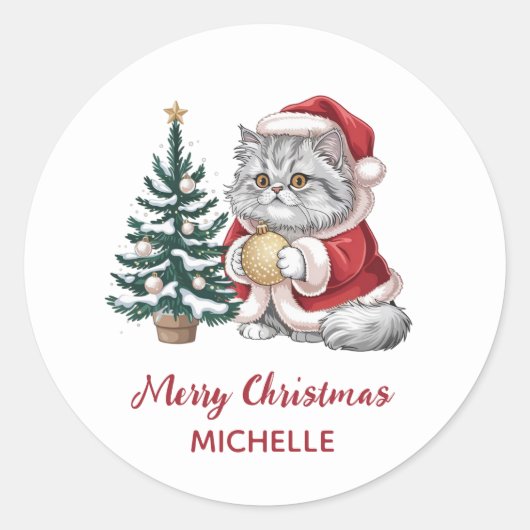 Persoonlijke kat met kerstmuts kerstboom ronde sticker (Voorkant)