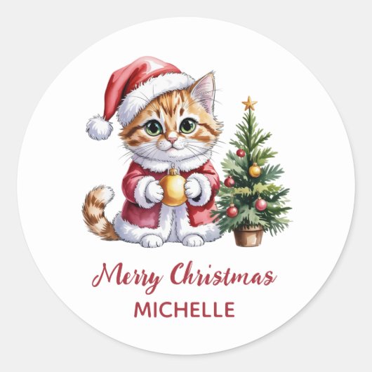 Persoonlijke kat met kerstmuts kerstboom  ronde sticker (Voorkant)