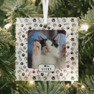 Persoonlijke kat visgraat & pootafdruk huisdier fo glas ornament