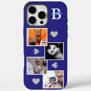 Persoonlijke kattenfotocollage monogram blauw iPhone 16 pro max hoesje