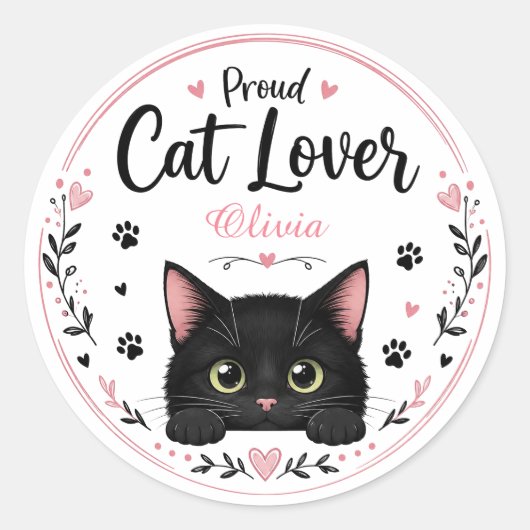 Persoonlijke kattenliefhebber naam sticker Cute Zw (Voorkant)