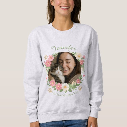 Persoonlijke kattenmoeder foto bloem sweatshirt (Voorkant)