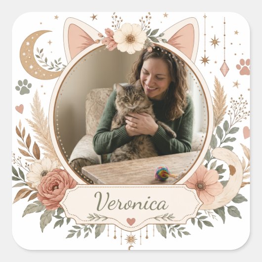 Persoonlijke kattenmoeder fotosticker | Aangepaste Vierkante Sticker (Voorkant)