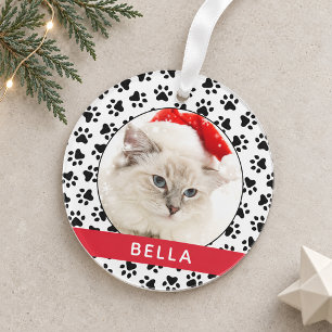 Persoonlijke kattennaam foto met rode pootafdrukke ornament