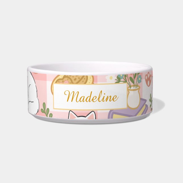 Persoonlijke kattennaam pastel roze kom keramiek (Voorkant)