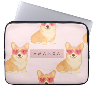 Persoonlijke Kawaii Corgi met Hart Zonnebril Laptop Sleeve