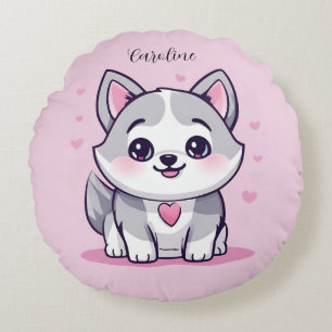 Persoonlijke Kawaii Husky Puppy Roze Rond Kussen
