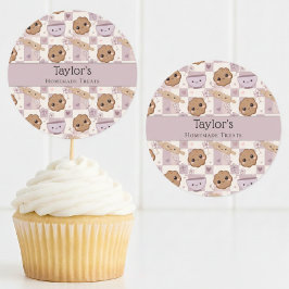 Persoonlijke Kawaii Koekje Gingham Cupcake Topper  Ronde Sticker