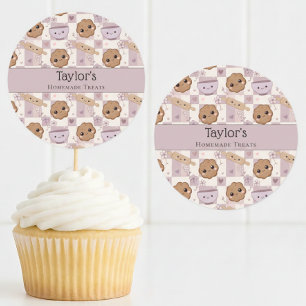 Persoonlijke Kawaii Koekje Gingham Cupcake Topper Ronde Sticker