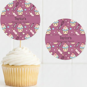 Persoonlijke Kawaii Roze Paarse Cupcake Topper  Ronde Sticker