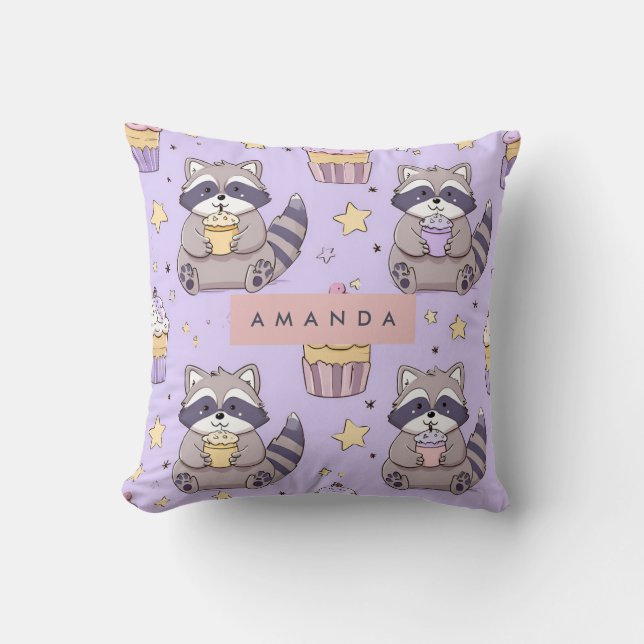 Persoonlijke Kawaii Wasbeertjes met Cupcake Patroo Kussen (Voorkant)