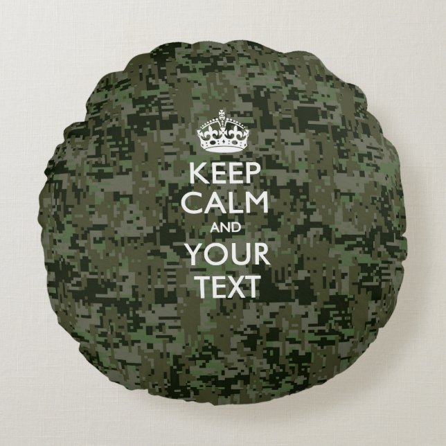 Persoonlijke KEEP CALM EN Jouw tekst Digital Camo Rond Kussen (Voorkant)