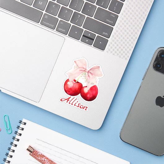 Persoonlijke kers Coquette Roze Strik Snee Sticker (Laptop met iPhone)