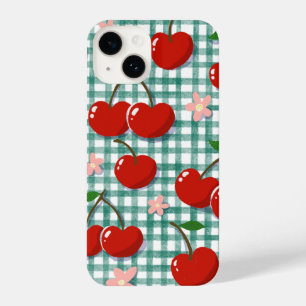 Persoonlijke Kers op Groene Gingham Hoesje – iPhone 14 Hoesje