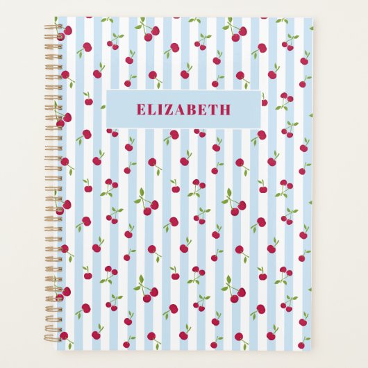 Persoonlijke kersen blauwe strepen retro cute planner (Voorkant)