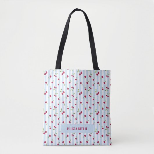 Persoonlijke kersen blauwe strepen retro cute tote bag (Voorkant)