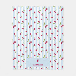 Persoonlijke Kersen Blauwe Strepen Retro Monogram Fleece Deken