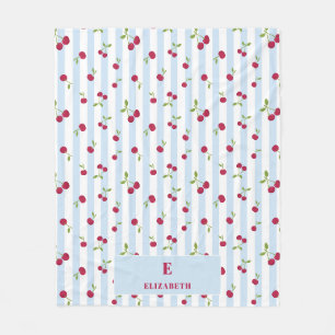 Persoonlijke Kersen Blauwe Strepen Retro Monogram Fleece Deken