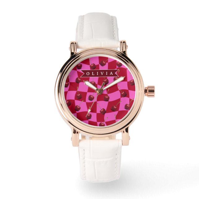 Persoonlijke Kersenruit Retro Aangepaste Naam Horloge (Voorkant)
