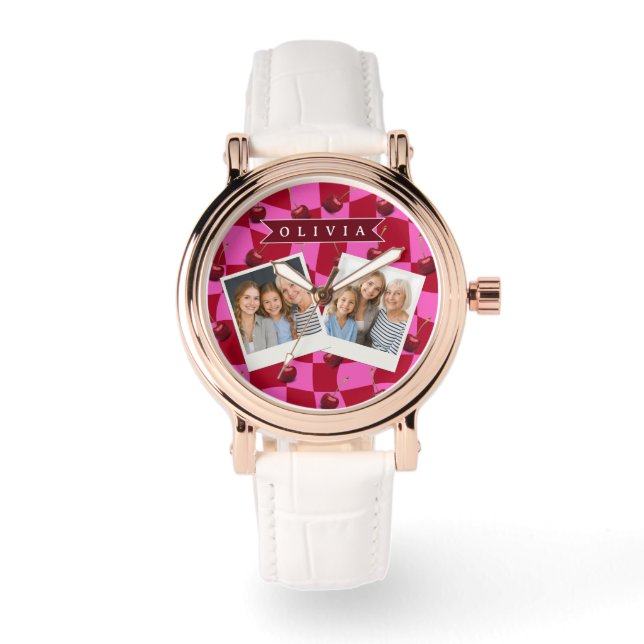 Persoonlijke Kersenruit Retro Aangepaste Naam Horloge (Voorkant)