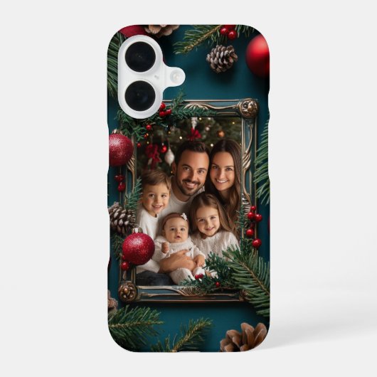 Persoonlijke Kerst Foto Frame Denneappels iPhone 16 Hoesje (Achterkant)