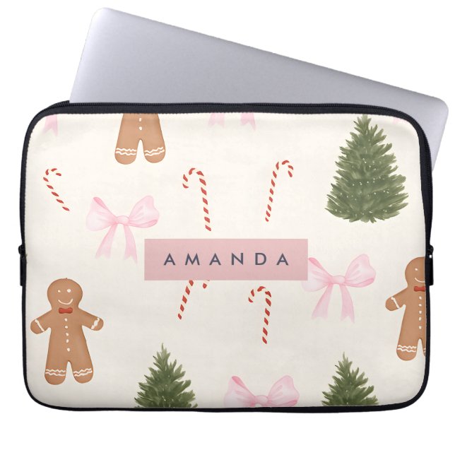Persoonlijke Kerst Gingerbread & Roze Strik Laptop Sleeve (Voorkant)