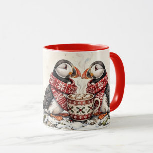 Persoonlijke Kerst Puffins Watercolor Twee-Tons Mok
