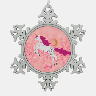 Persoonlijke Kerst Roze Glitter Eenhoorn Tin Sneeuwvlok Ornament