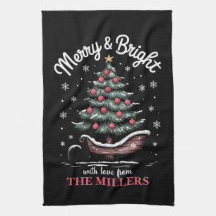 Persoonlijke Kerst slee Kerstboom Merry & Bright Theedoek