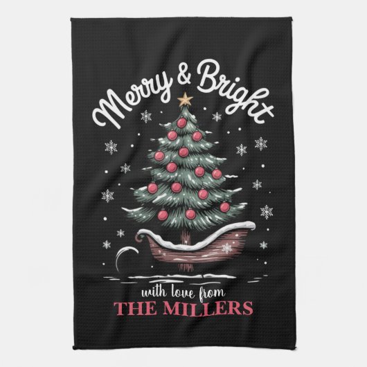 Persoonlijke Kerst slee Kerstboom Merry & Bright Theedoek (Verticaal)