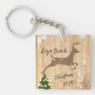 Persoonlijke kerstbal hert houten achtergrond sleutelhanger