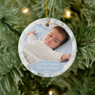 Persoonlijke kerstbal met foto op blauwe marmer keramisch ornament