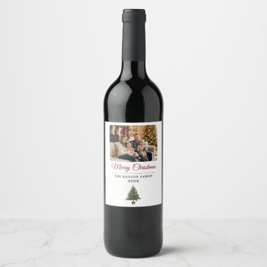Persoonlijke Kerstboom Familie Foto Wijn Etiket (Voorkant)
