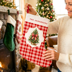 Persoonlijke Kerstboom voor Familie met Rode Gingh Grote Kerstsok