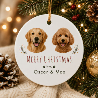 Persoonlijke kerstboomversiering met 2 foto's van keramisch ornament