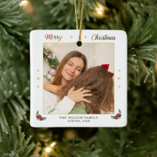 Persoonlijke kerstboomversiering met familiefoto keramisch ornament