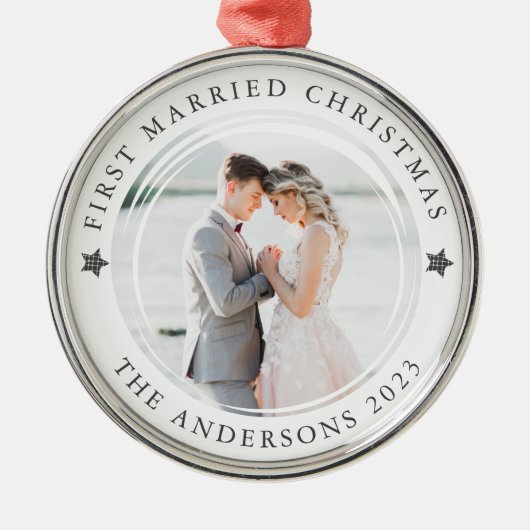Persoonlijke kerstfoto met eerste huwelijk metalen ornament (Voorkant)