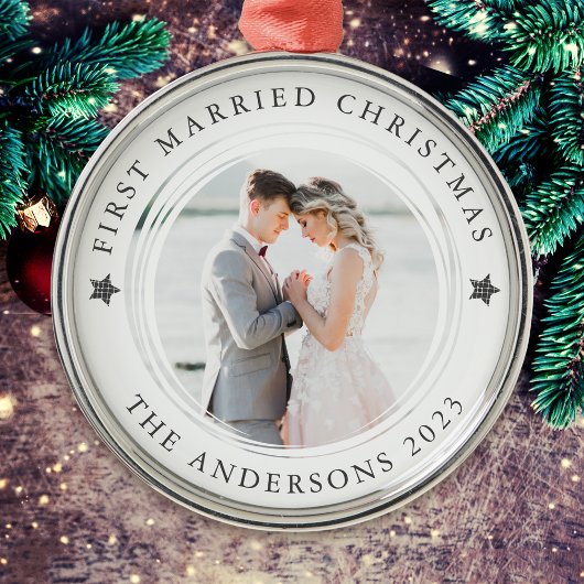 Persoonlijke kerstfoto met eerste huwelijk metalen ornament