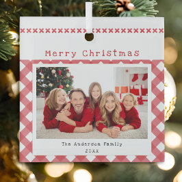Persoonlijke Kerstfoto Rode Gingham Kerstmis Glas Ornament